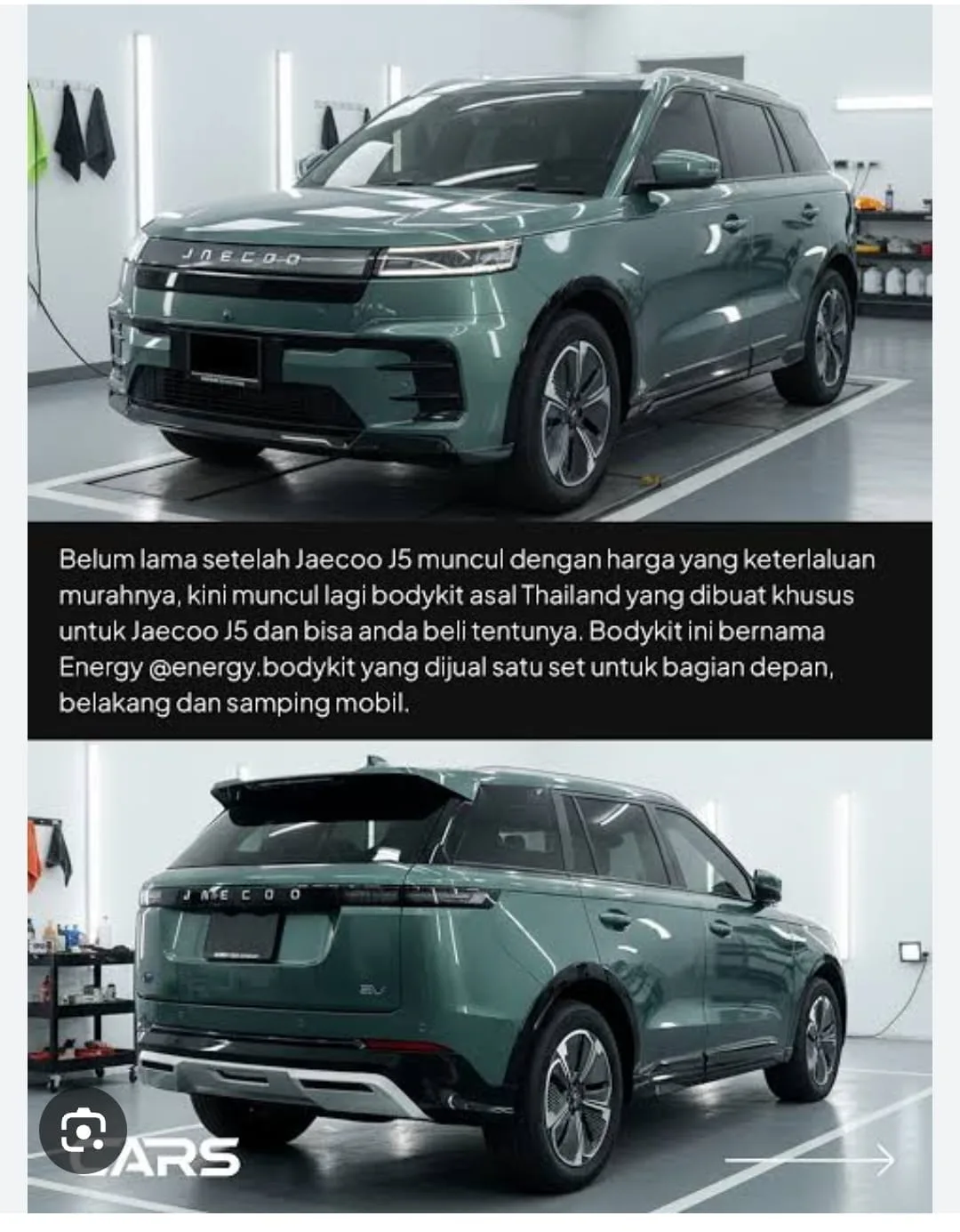 Body kit Energy asal Thailand terpasang pada Jaecoo J5 warna hijau, dijual satu set untuk bagian depan, belakang, dan samping mobil