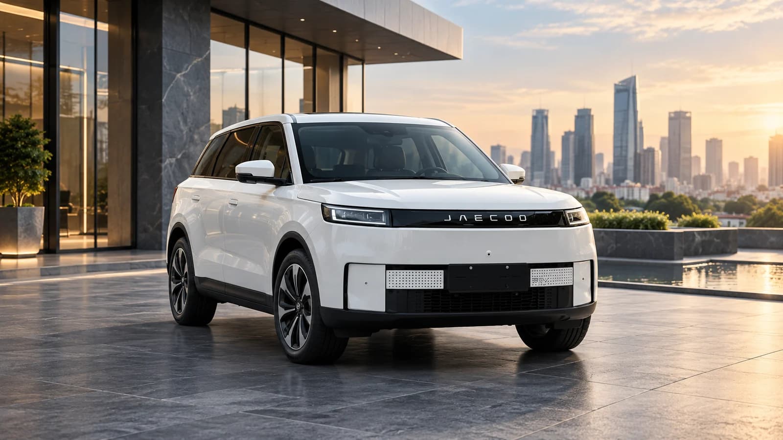 Jaecoo J5 Premium putih di pelataran modern dengan latar gedung Jakarta