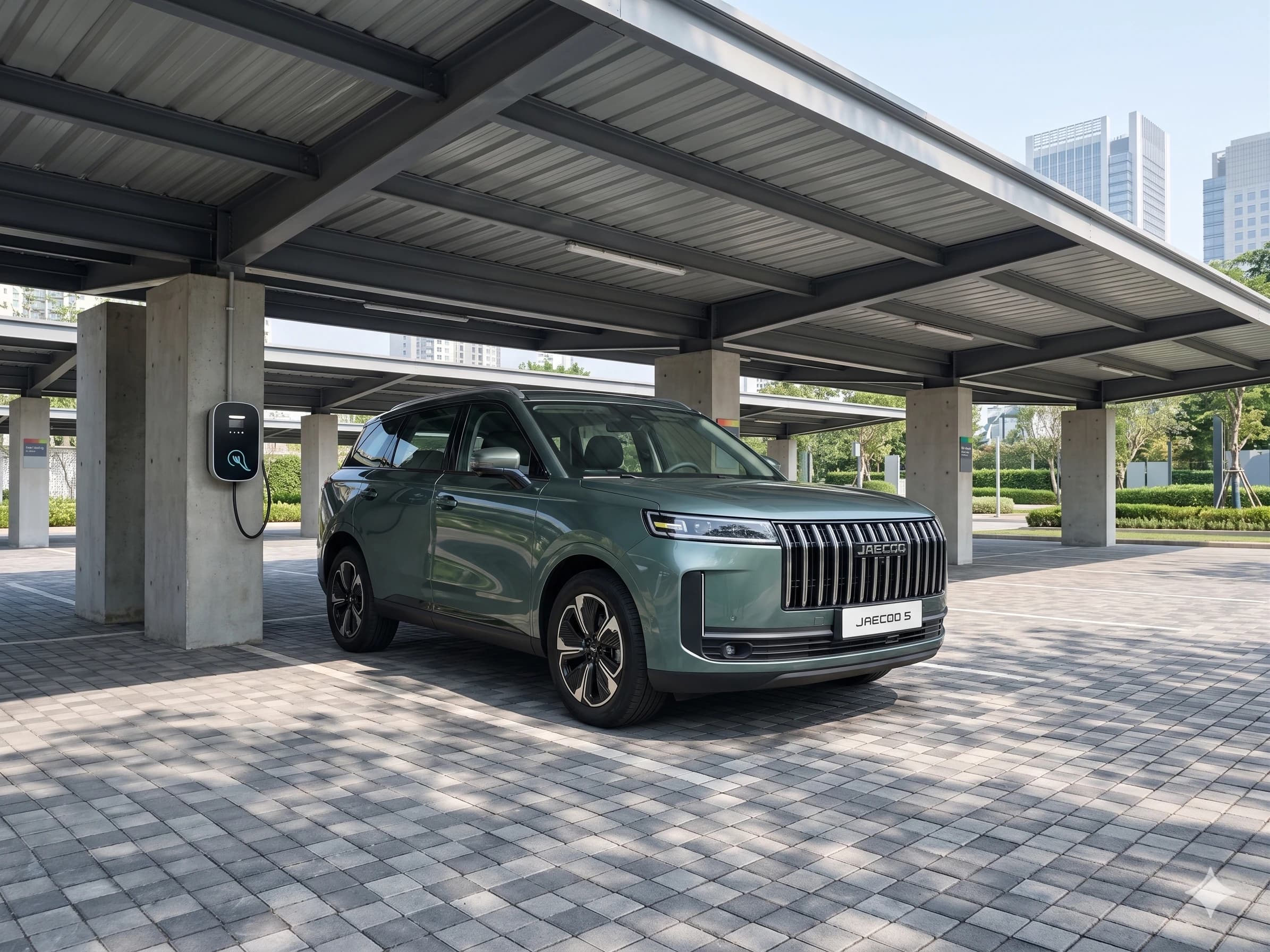 Jaecoo J5 EV Premium melakukan pengisian daya cepat DC di SPKLU rest area jalan tol untuk perjalanan jarak jauh