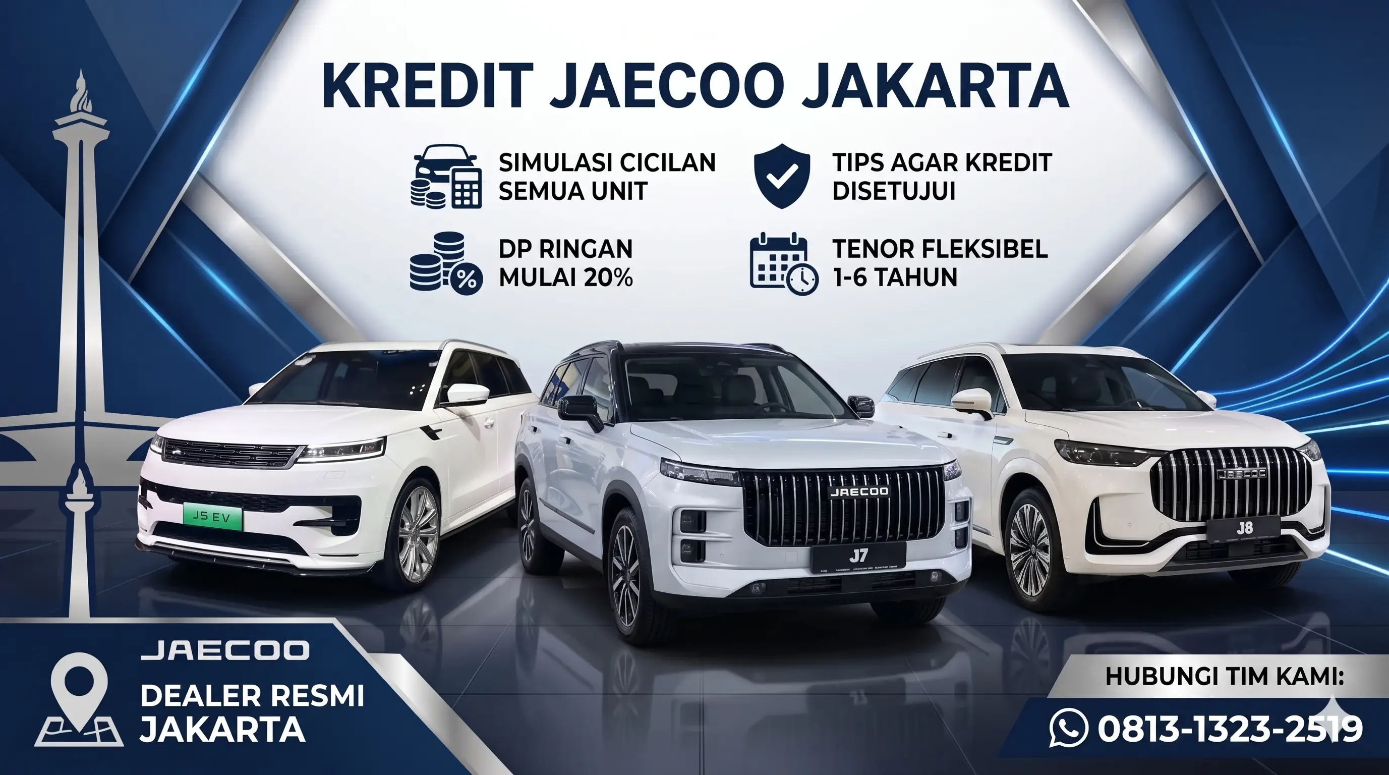 Banner promo kredit Jaecoo di Jakarta dengan simulasi cicilan, DP ringan mulai 20%, tenor hingga 6 tahun, dan info kontak sales resmi. Menampilkan mobil Jaecoo J5 EV, J7, dan J8