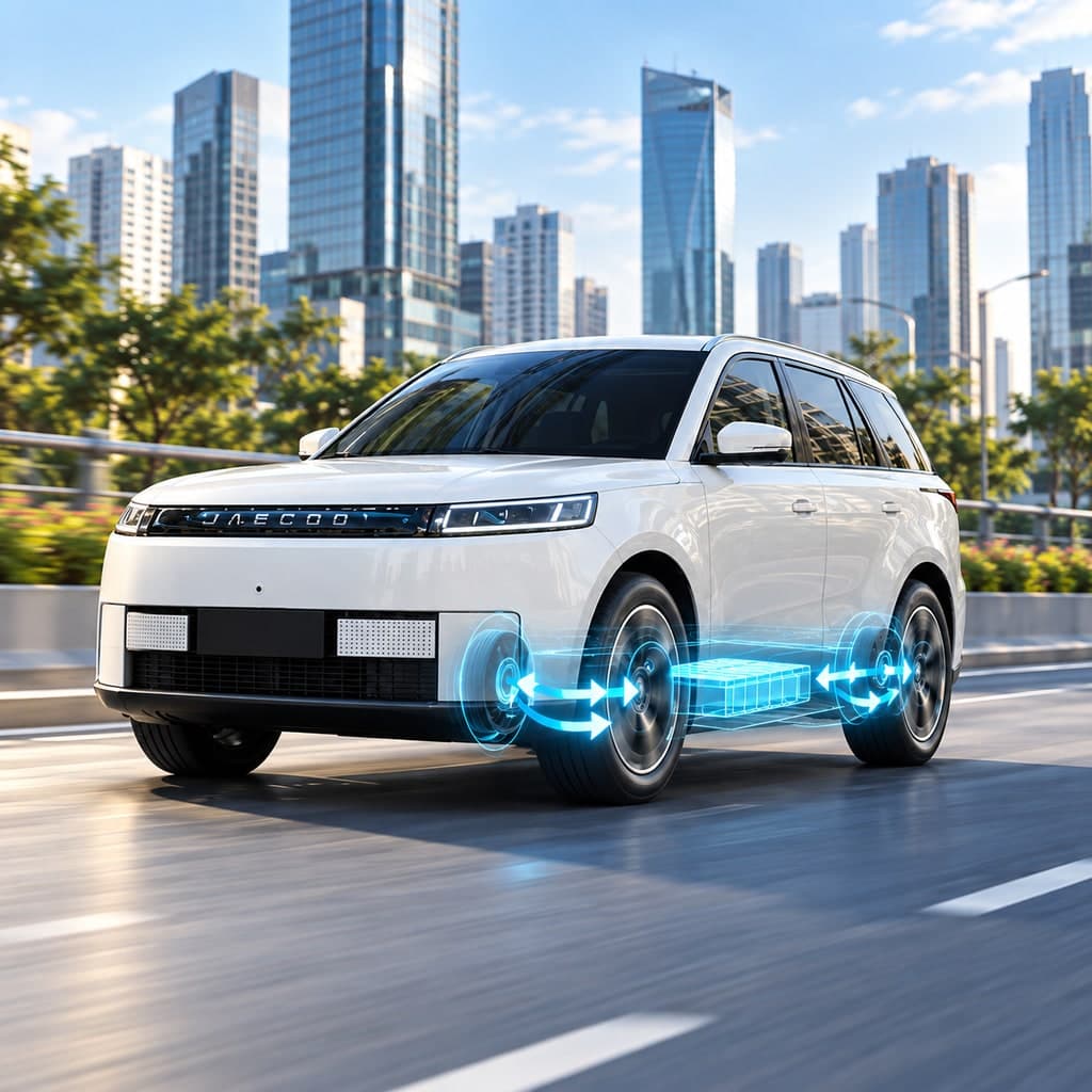 Jaecoo J5 putih dengan visual aliran energi baterai untuk menjelaskan regenerative braking