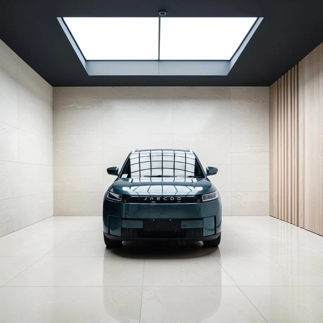 Jaecoo J5 EV Premium hijau tampak depan di showroom