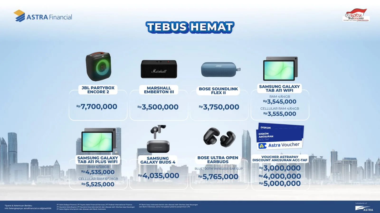 Daftar Tebus Hemat GIIAS 2026 kategori audio dan tablet: JBL Partybox Encore 2, Marshall Emberton III, Bose Soundlink Flex II, Samsung Galaxy Tab A11, dan voucher AstraPay diskon angsuran ACC-TAF