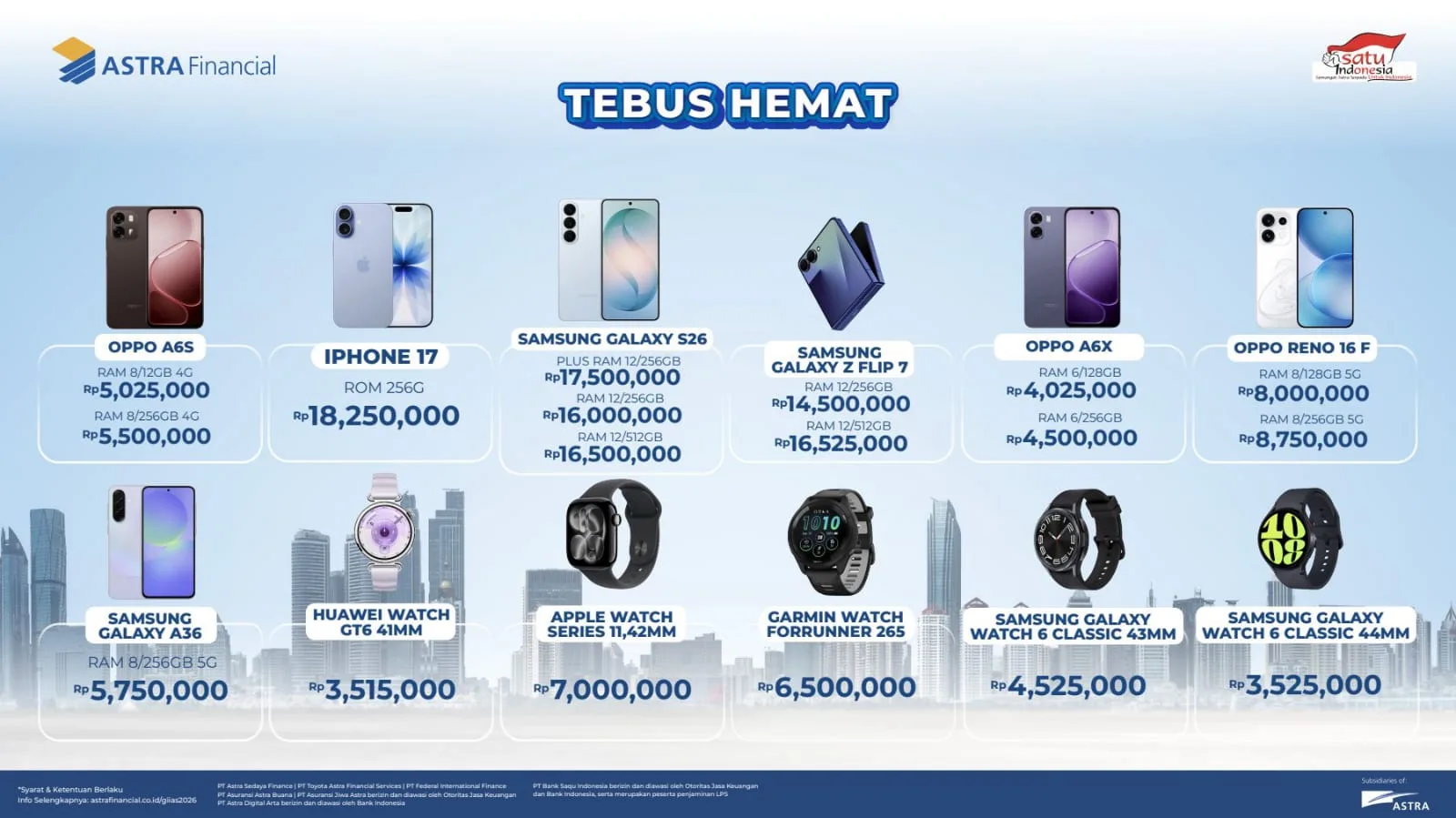 Daftar Tebus Hemat GIIAS 2026 kategori smartphone dan smartwatch: iPhone 17, Samsung Galaxy S26, Galaxy Z Flip 7, Oppo Reno 16 F, Apple Watch, dan Garmin Forerunner 265