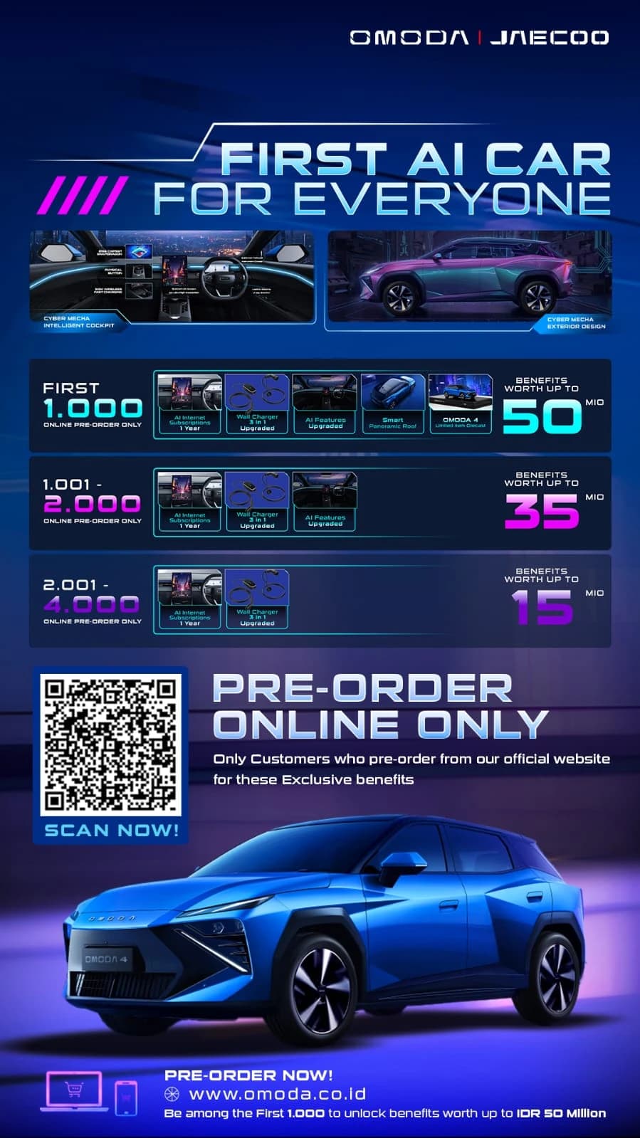 Materi resmi OMODA O4 sebagai First AI Car for Everyone dengan skema pre-order online only dan tiga tingkatan benefit hingga Rp50 juta