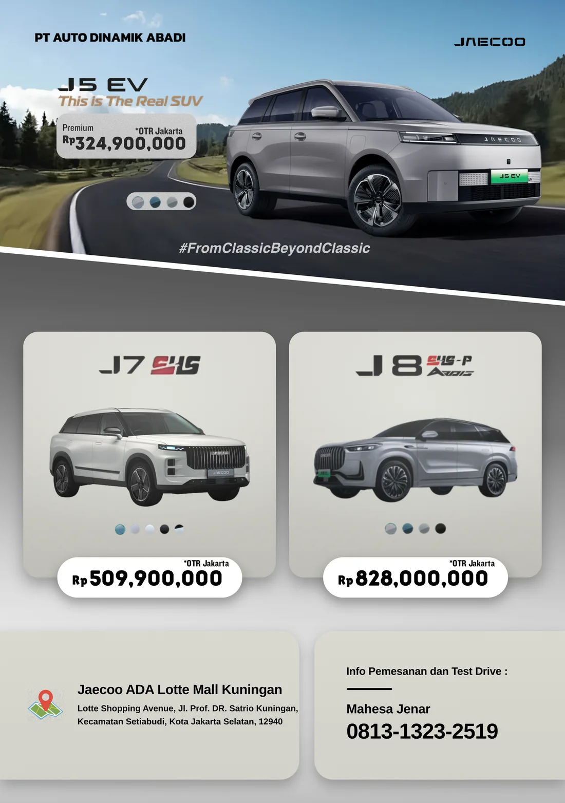 Daftar harga resmi Jaecoo Jakarta September 2026: J5 EV Premium Rp324.900.000, J7 SHS Rp509.900.000, dan J8 SHS-P Ardis Rp828.000.000, seluruhnya OTR Jakarta